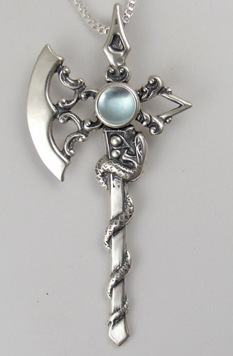 Sterling Silver Royal Battle Axe Pendant With Blue Topaz